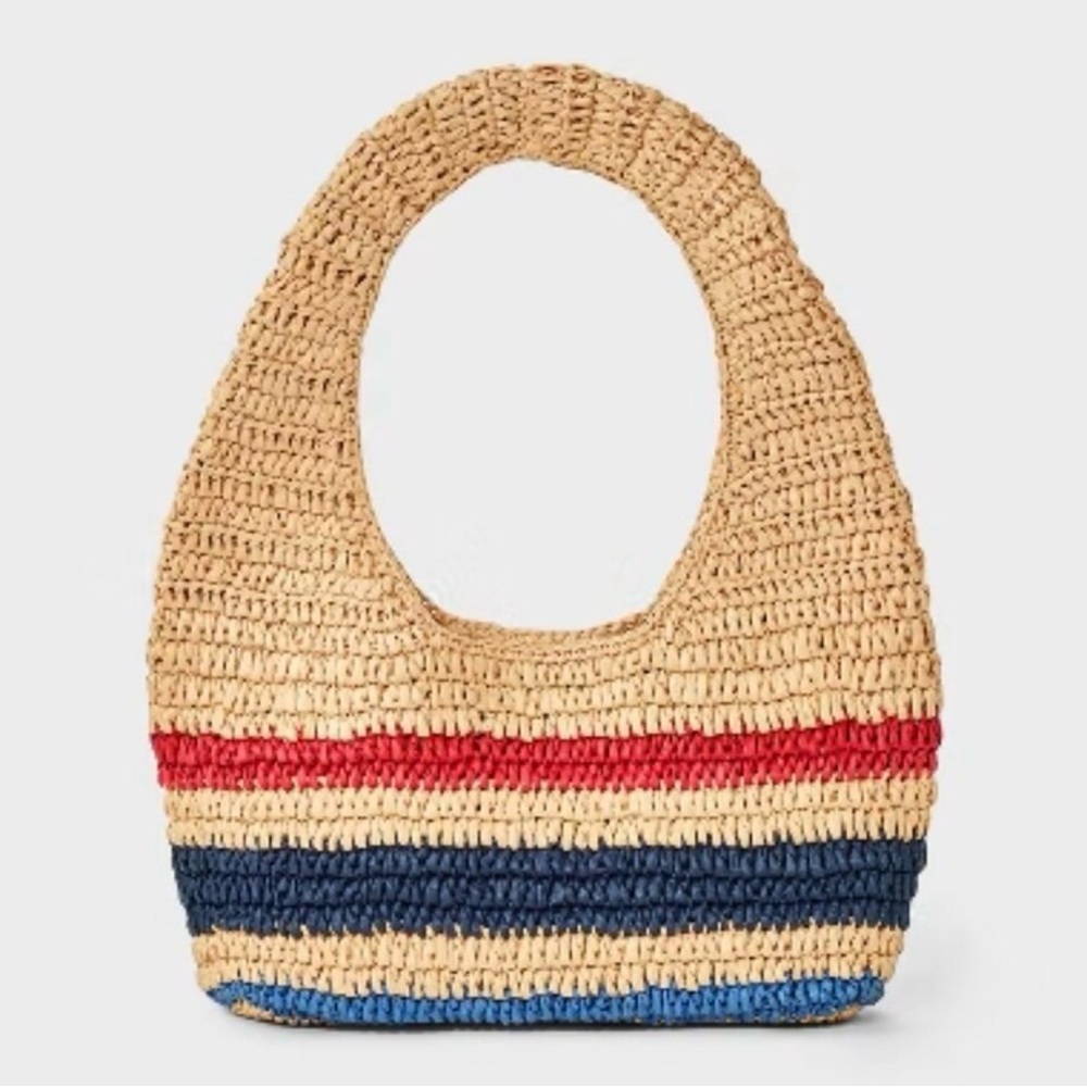 Universal Thread Woven Straw Shoulder Bag in Natural, Red and Blue Stripes